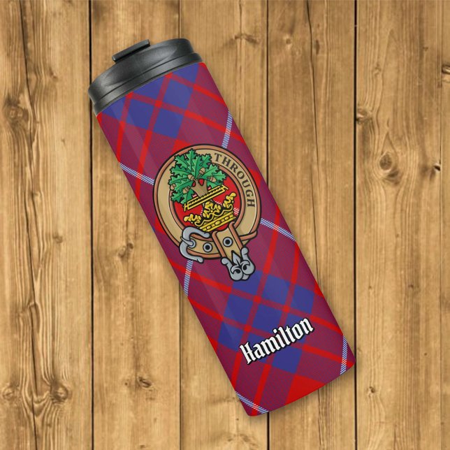 Clan Hamilton Crest over Red Tartan Thermal Tumbler (Creator Uploaded)