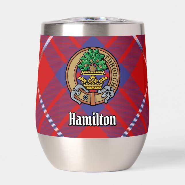 Clan Hamilton Crest over Red Tartan Thermal Wine Tumbler (Front)