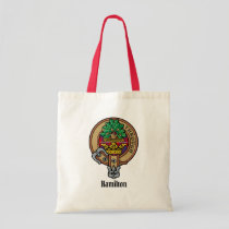 Clan Hamilton Crest over Red Tartan Tote Bag