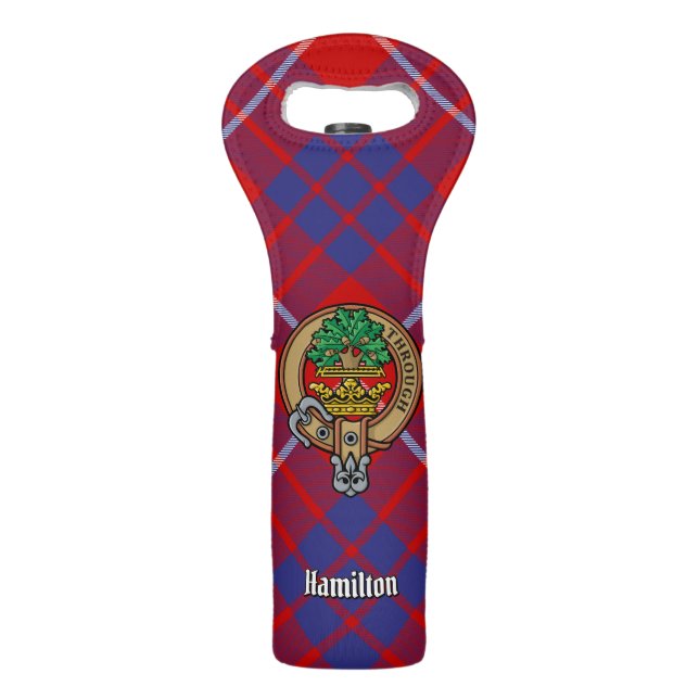 Clan Hamilton Crest over Red Tartan Wine Bag (Front)