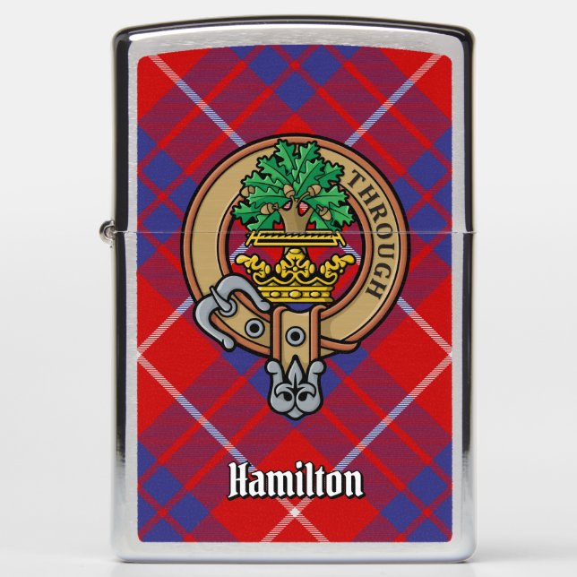 Clan Hamilton Crest over Red Tartan Zippo Lighter (Front)