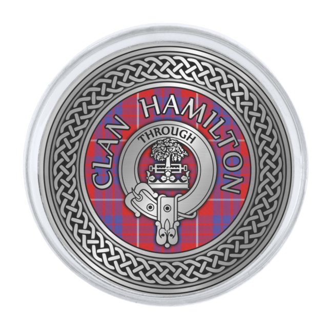 Clan Hamilton Crest & Tartan Knot Silver Finish Lapel Pin (Front)