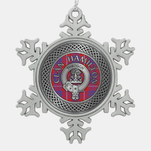 Clan Hamilton Crest & Tartan Knot Snowflake Pewter Christmas Ornament