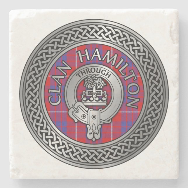 Clan Hamilton Crest & Tartan Knot Stone Coaster (Front)