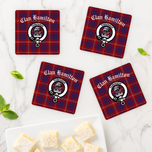 Clan Hamilton Tartan and Crest Badge  Coaster Set