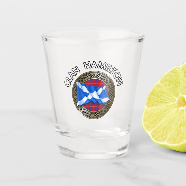 Clan Hamilton Tartan Knot & Flag Shot Glass (Front)