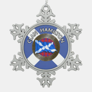 Clan Hamilton Tartan Knot & Flag Snowflake Pewter Christmas Ornament