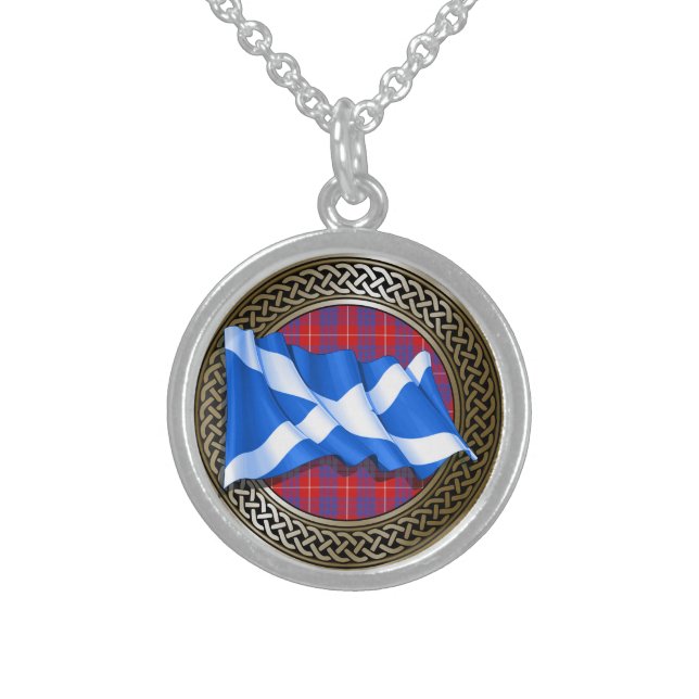Clan Hamilton Tartan Knot & Flag Sterling Silver Necklace (Front)