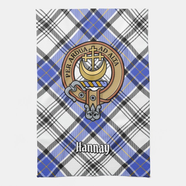 Clan Hannay Crest over Tartan Kitchen Towel (Vertical)