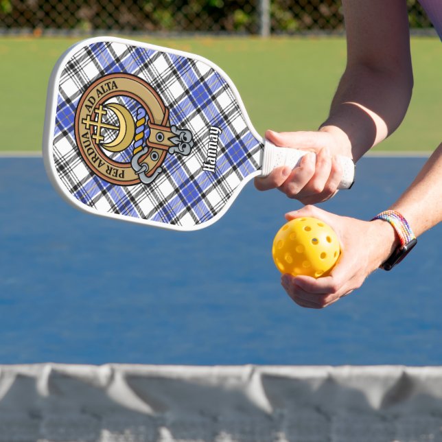 Clan Hannay Crest over Tartan Pickleball Paddle (Insitu)
