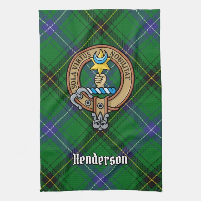 Clan Henderson Crest over Tartan Kitchen Towel (Vertical)