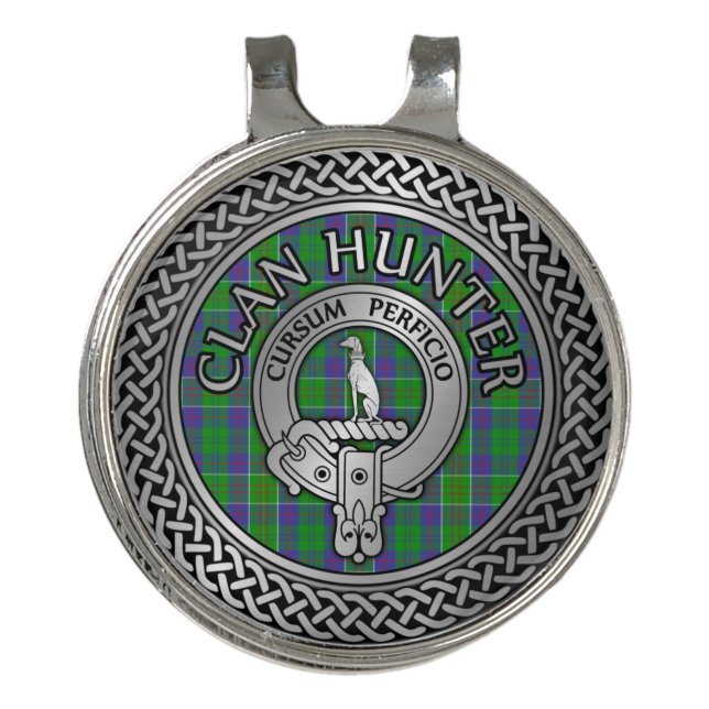 Clan Hunter Crest & Tartan Knot Golf Hat Clip (Front)