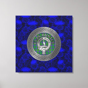 Clan Hunter Crest & Tartan Knot on Thistle Canvas Print