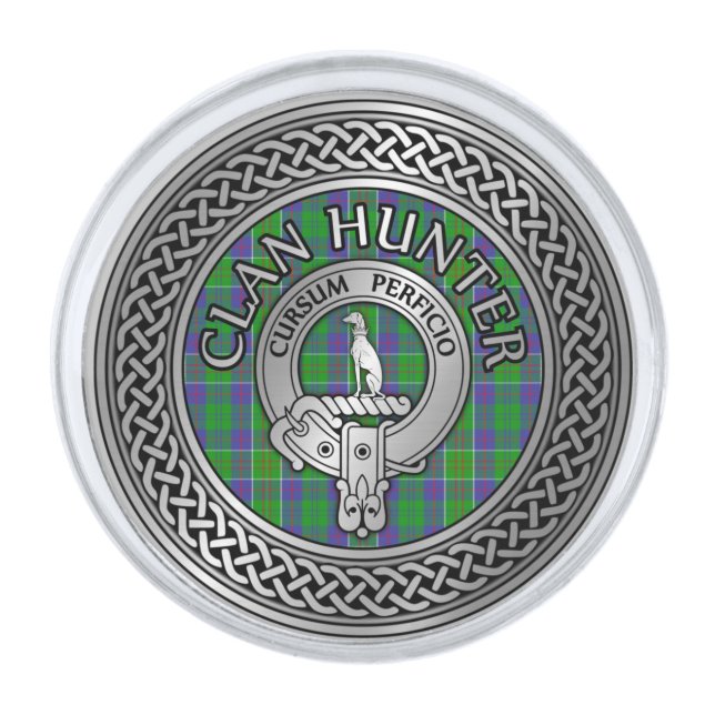 Clan Hunter Crest & Tartan Knot Silver Finish Lapel Pin (Front)