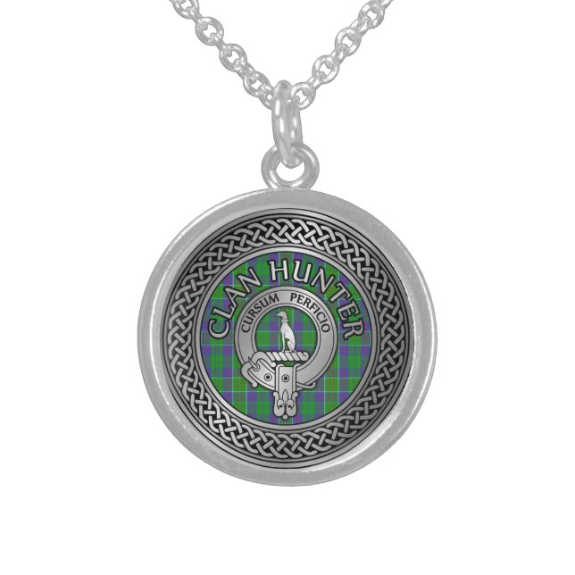 Clan Hunter Crest & Tartan Knot Sterling Silver Necklace (Front)