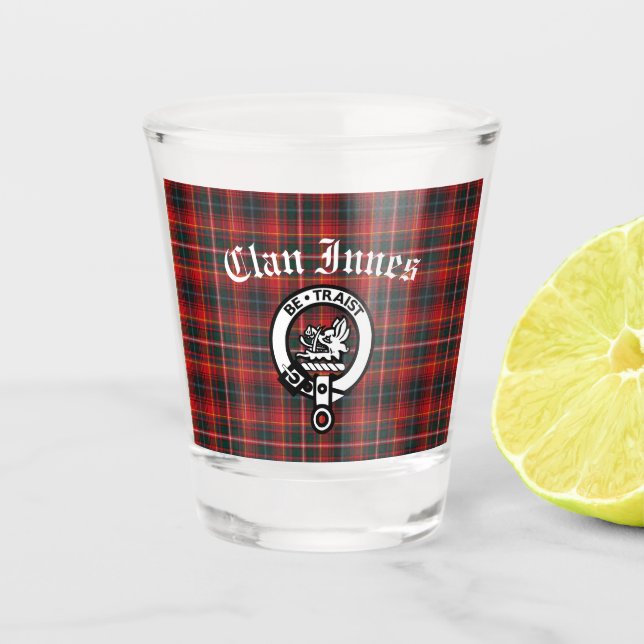 Clan Innes Crest Badge and Tartan  Shot Glass (Front)