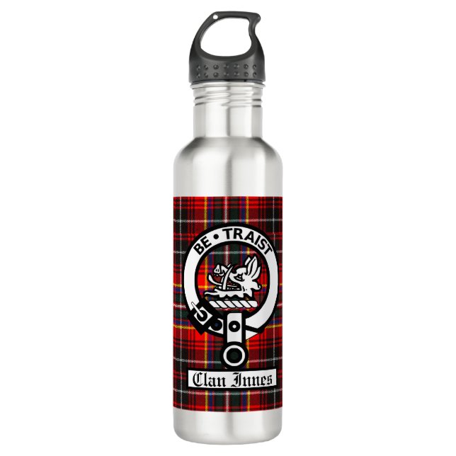 Clan Innes Crest Badge and Tartan  Stainless Steel Water Bottle (Front)