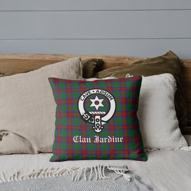 Clan Jardine Crest Badge And Tartan Throw Pillow (Creator Uploaded)