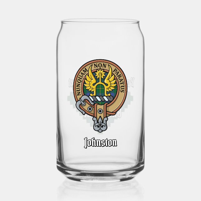 Clan Johnston Crest over Tartan Can Glass (Front)