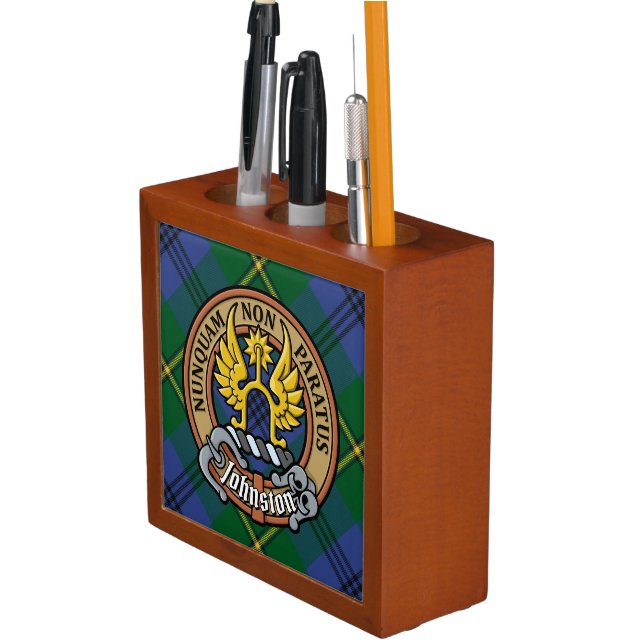 Clan Johnston Crest over Tartan Desk Organizer (In Situ)