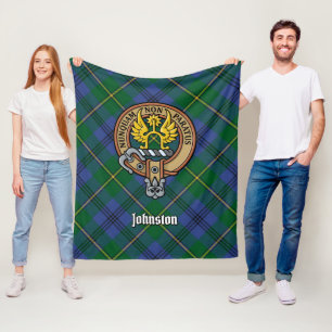 Clan Johnston Crest over Tartan Fleece Blanket