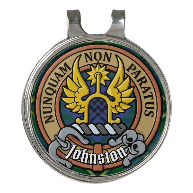 Clan Johnston Crest over Tartan Golf Hat Clip (Front)