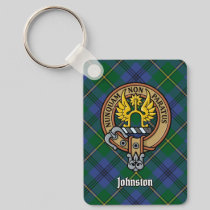 Clan Johnston Crest over Tartan Keychain