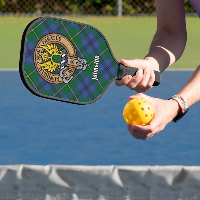 Clan Johnston Crest over Tartan Keychain Pickleball Paddle (Insitu)