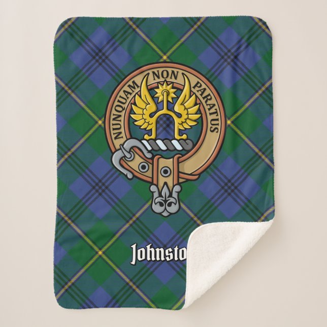 Clan Johnston Crest over Tartan Sherpa Blanket (Front)