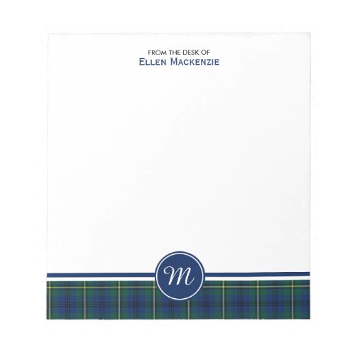 Clan Johnston Tartan Blue and Green Plaid Monogram Notepad