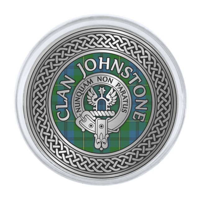 Clan Johnstone Crest & Tartan Knot Silver Finish Lapel Pin (Front)