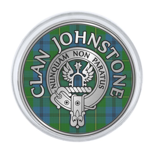 Clan Johnstone Crest & Tartan Knot Silver Finish Lapel Pin (Front)