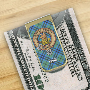 Clan Keith Crest over Tartan Gold Finish Money Clip