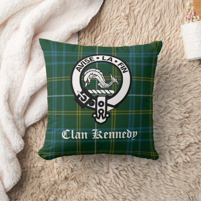 Clan Kennedy Crest Badge & Tartan Throw Pillow (Blanket)