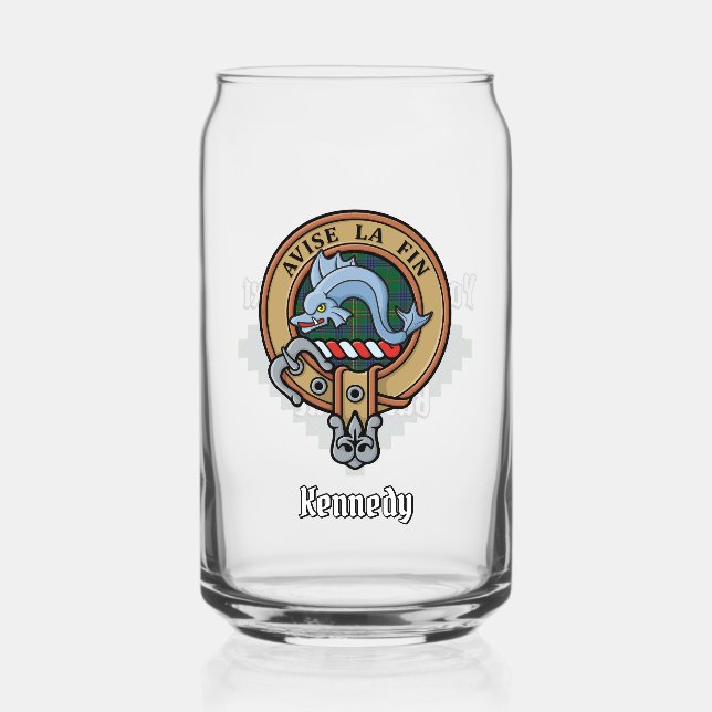 Clan Kennedy Crest over Tartan Can Glass (Front)