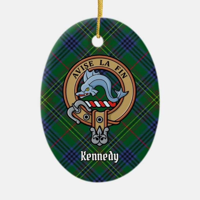 Clan Kennedy Crest over Tartan Ceramic Ornament (Front)