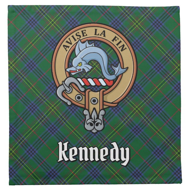 Clan Kennedy Crest over Tartan Cloth Napkin (Front)