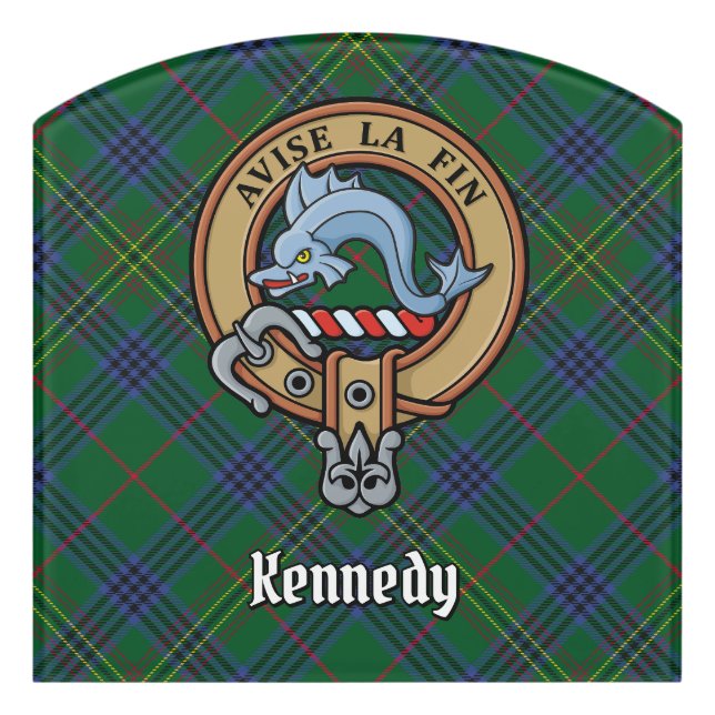 Clan Kennedy Crest over Tartan Door Sign (Contour Front)
