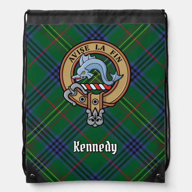 Clan Kennedy Crest over Tartan Drawstring Bag (Front)