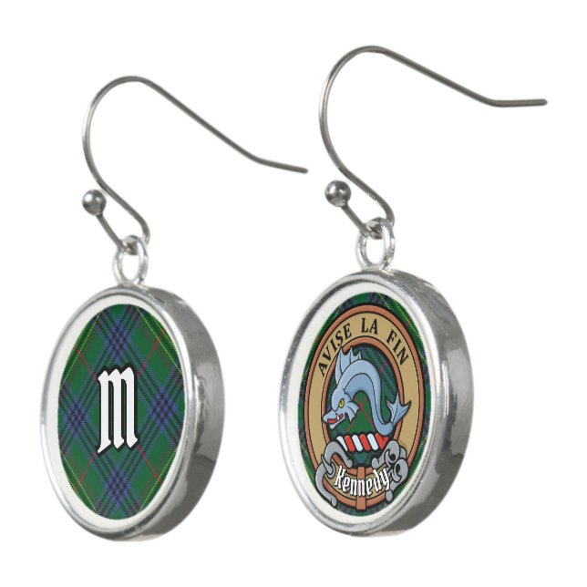 Clan Kennedy Crest over Tartan Earrings (Angled)