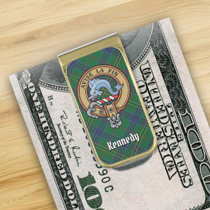 Clan Kennedy Crest over Tartan Gold Finish Money Clip