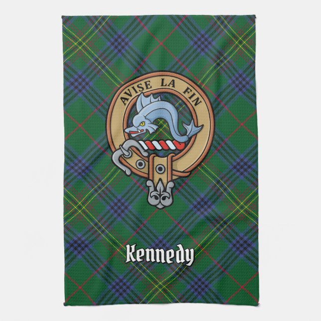Clan Kennedy Crest over Tartan Kitchen Towel (Vertical)