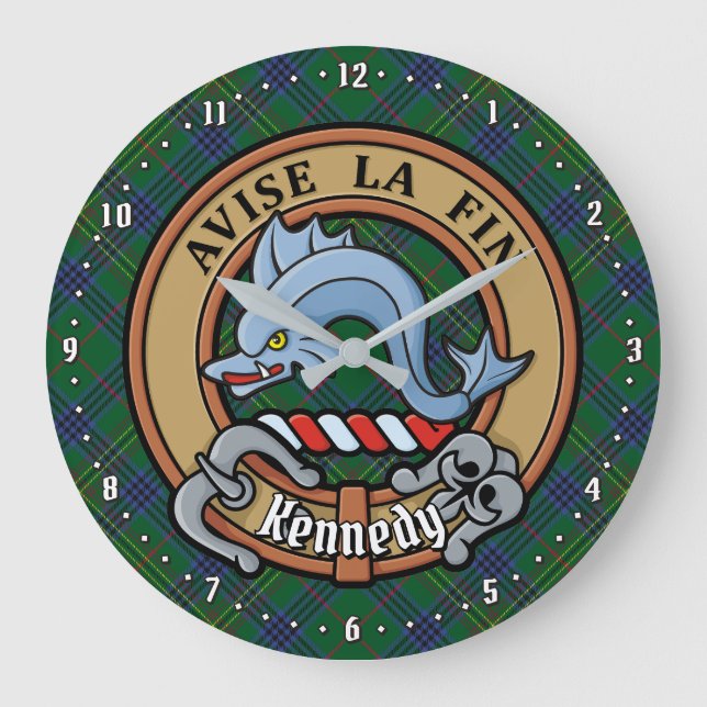 Clan Kennedy Crest over Tartan Large Clock (Front)