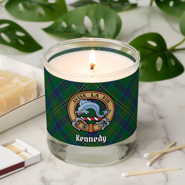Clan Kennedy Crest over Tartan Scented Candle (Lit)