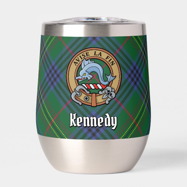 Clan Kennedy Crest over Tartan Thermal Wine Tumbler (Front)
