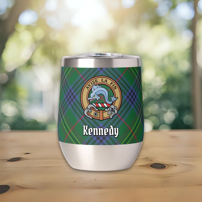 Clan Kennedy Crest over Tartan Thermal Wine Tumbler (Creator Uploaded)