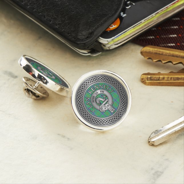 Clan Kennedy Crest & Tartan Knot Lapel Pin (In Situ)
