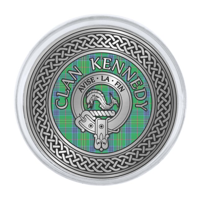Clan Kennedy Crest & Tartan Knot Silver Finish Lapel Pin (Front)