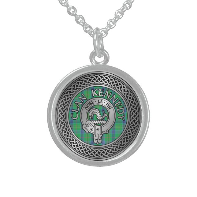 Clan Kennedy Crest & Tartan Knot Sterling Silver Necklace (Front)
