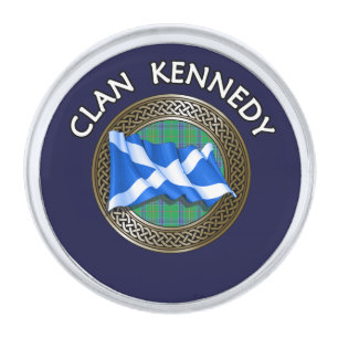 Clan Kennedy Tartan Knot & Flag Silver Finish Lapel Pin
